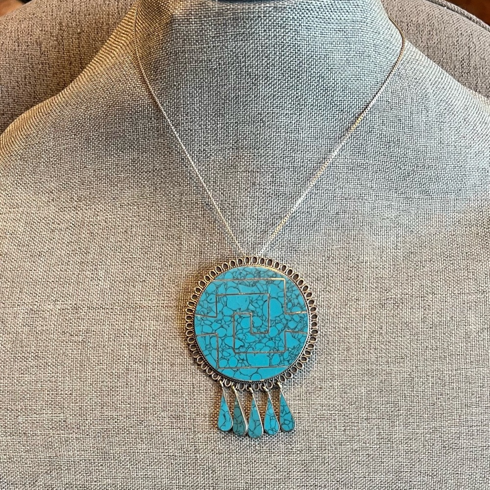 Taxco Mexico Turquoise Necklace Aztec Shield Pendant Pin Brooch Large YM Eagle 3